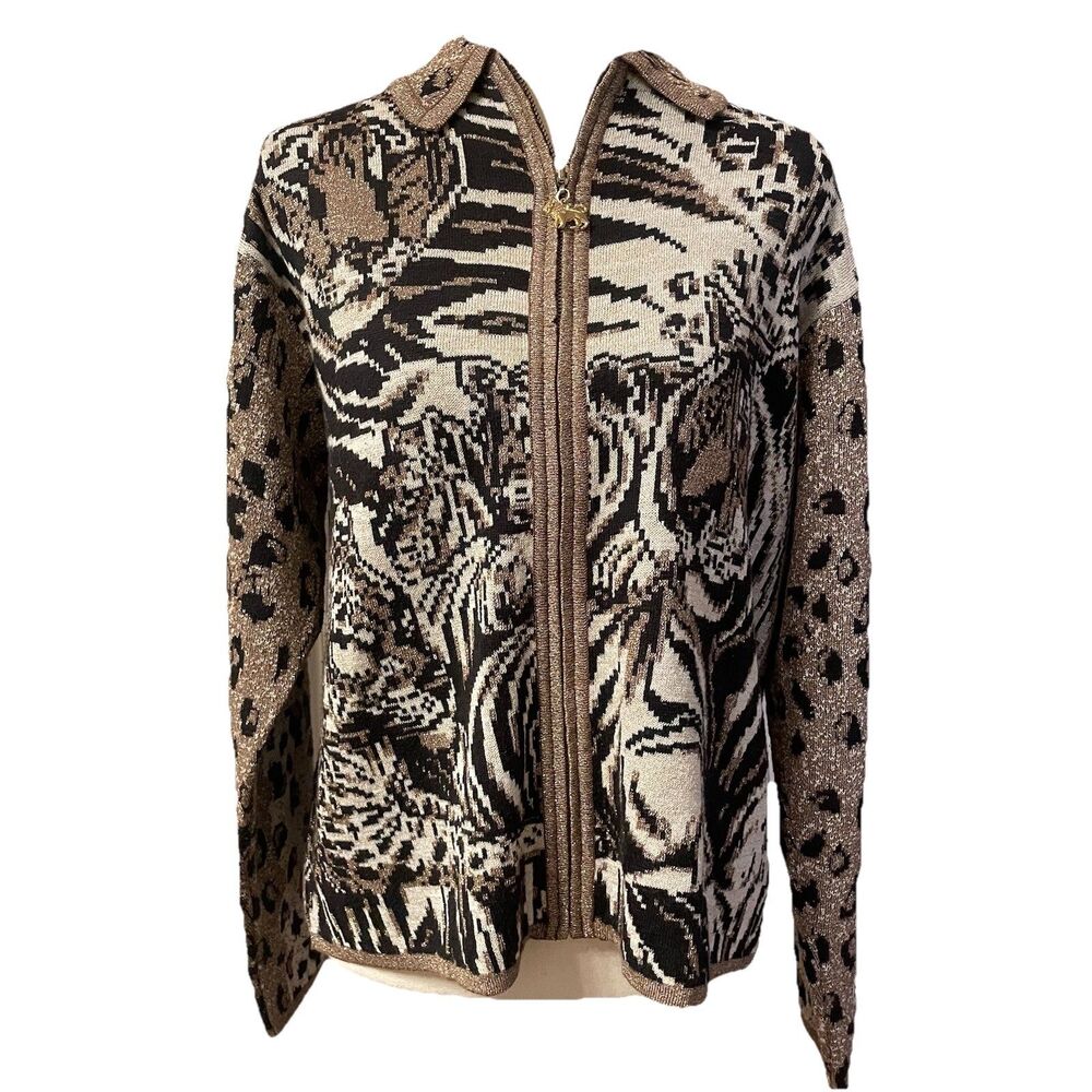 VTG Lisa Ashley Tiger Leopard Print Cardigan Sweater Zip Up M Safari Maximalist